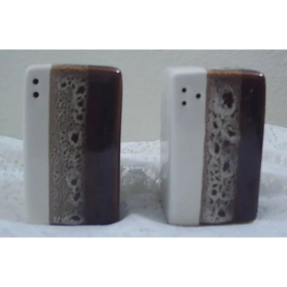 Pier One Ceramic Thri Color Brown and Cream Glazed Salt and Pepper Shakers 2.75